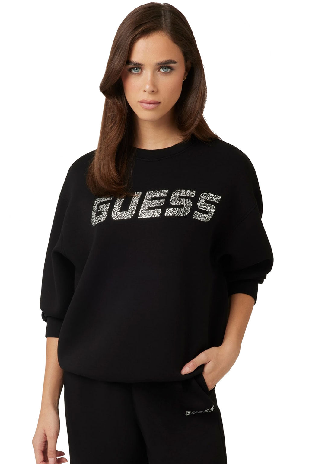 Γυναικείο βαμβακερό φούτερ Guess Cecilia με την υπογραφή Guess μπροστά